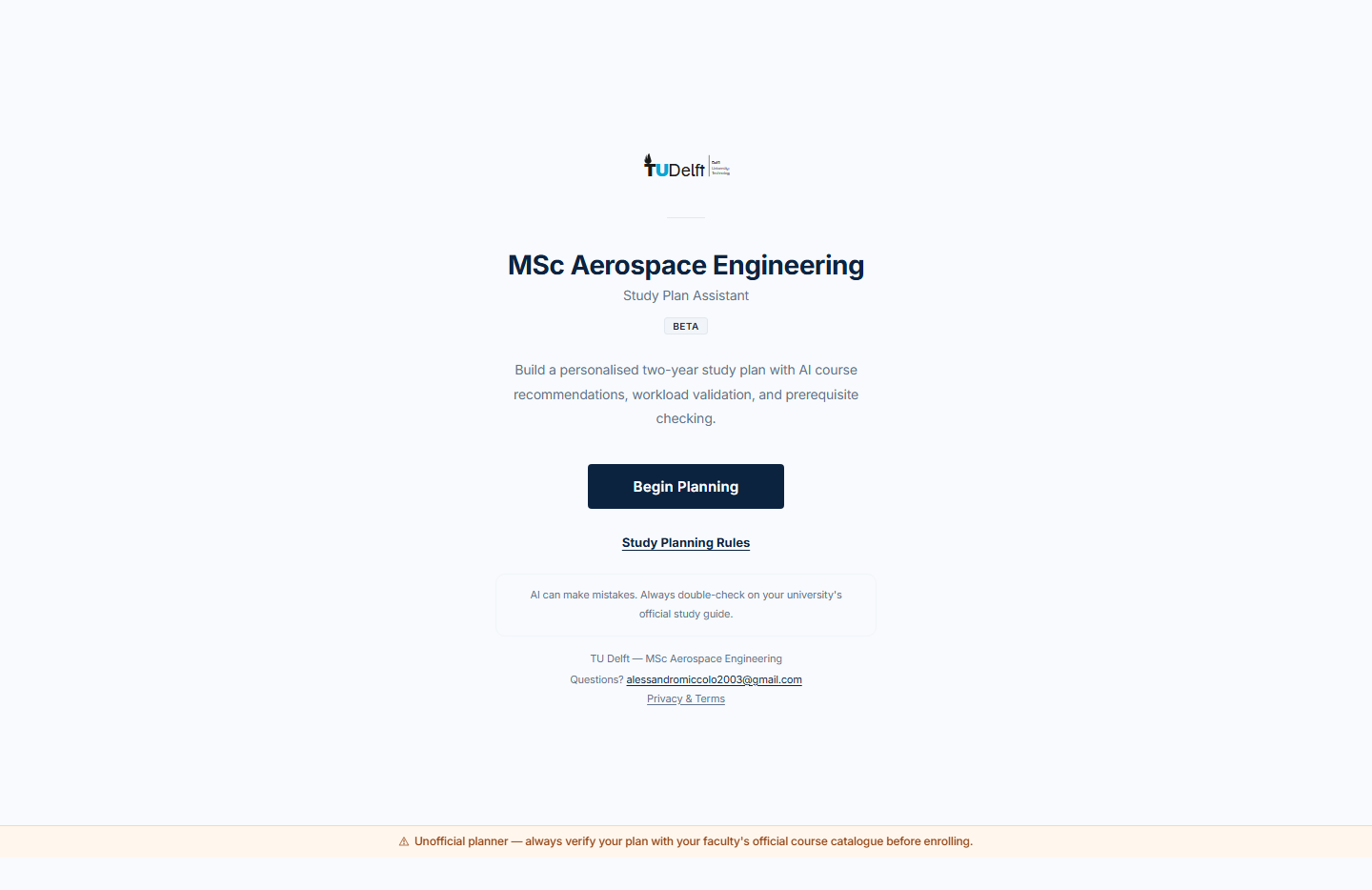 MSc Study Planner — branded landing page for TU Delft Aerospace Engineering