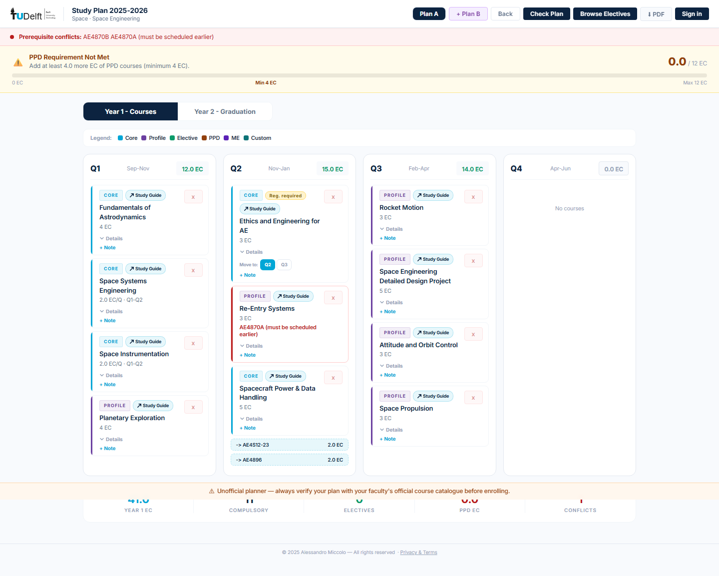 Full study plan grid with live validation and AI recommendations